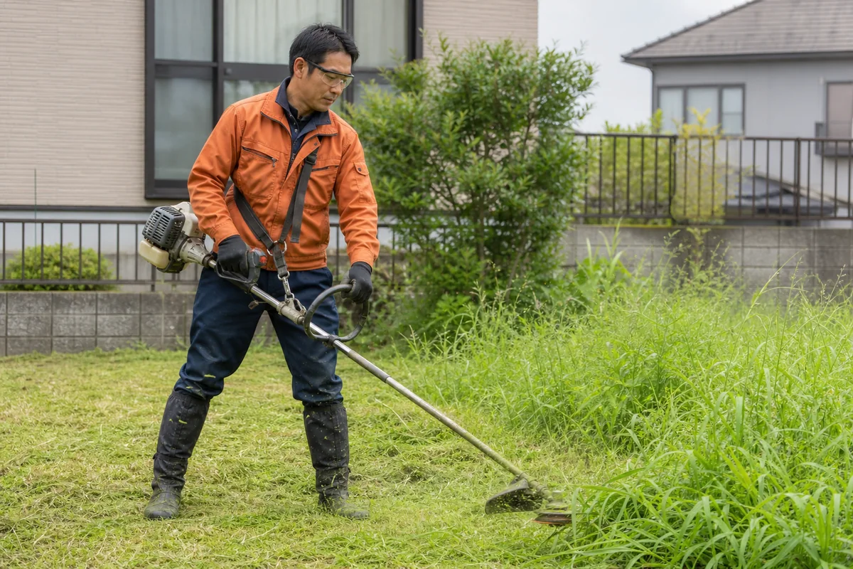 住宅の庭をきれいに整えるスタッフ